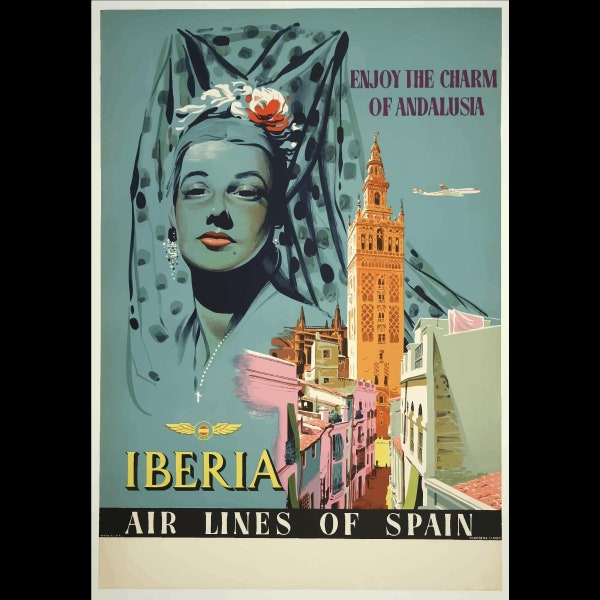 Vintage Iberia Airlines Poster, Enjoy the Charm of Andalusia, Spain Travel Print, Digital Wall Art, Retro Home Decor