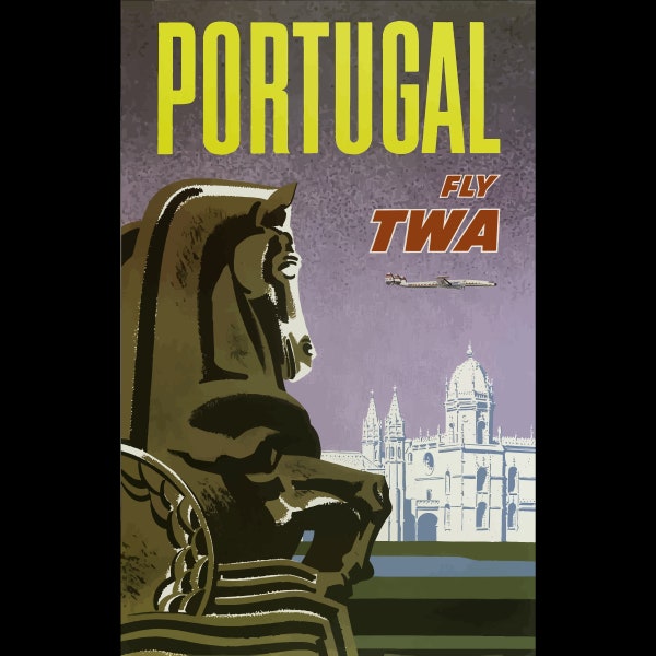 Vintage Portugal Travel Poster, TWA Airline, Digital Wall Art Download, Retro Lisbon Print