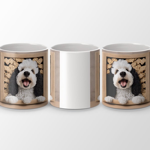 Cute Black and White Sheepadoodle Dog Mug, Animal Lover Coffee Cup, Fun Pet Inspired Kitchen Decor, Gift for Dog Owners