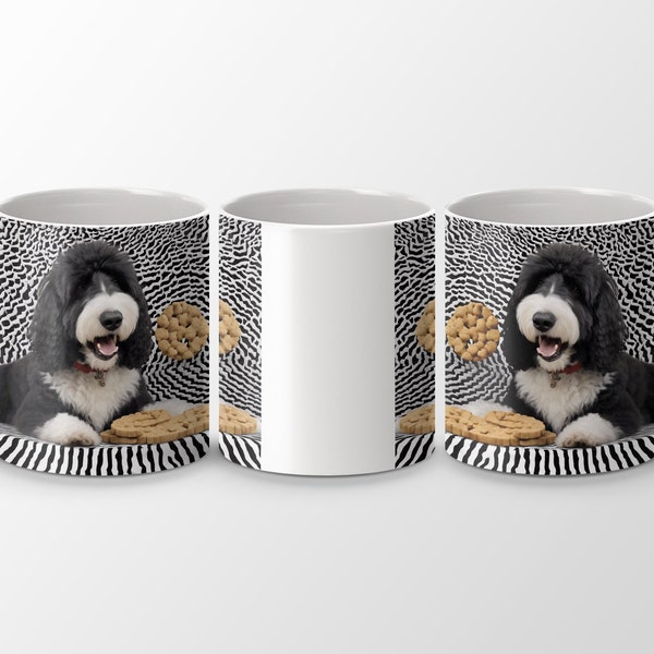 Black and White Sheepadoodle Dog with Cookies Cute Animal Coffee Mug, Perfect Gift for Pet Lovers