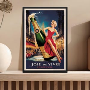 Vintage Champagne Poster, Joie De Vivre Art Print, Red Dress Woman Paris, Digital Download Wall Art, French Cafe Decor
