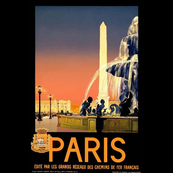 Vintage Paris Travel Poster Digital Download, French Railway Art, Retro Wall Decor, Iconic Parisian Landmarks Print