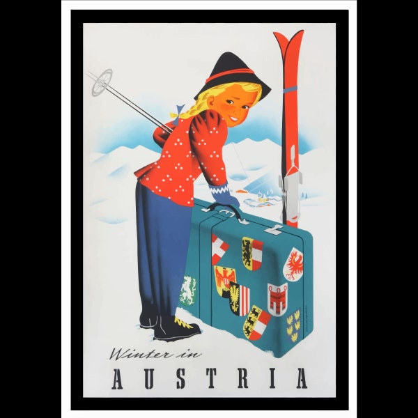 Vintage Winter in Austria Travel Poster, Digital Print for Wall Art, Retro Alpine Skiing Girl Design