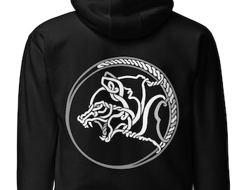 Sudadera con capucha de lobo bordada: diseño animal con nudo celta