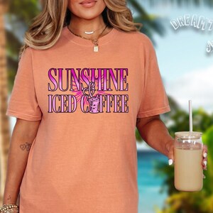 Comfort Colors Tee, Iced Coffee and Sunshine Shirt, 80s Summer Shirt, Retro Beach Shirt, Vacation Vibes, Coffee Lover Shirt