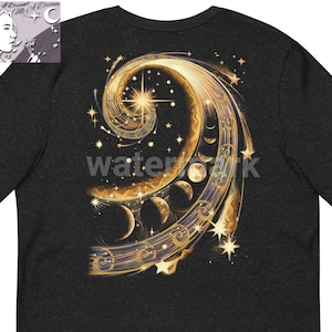 May include: A black long-sleeve t-shirt with a gold and white design of a spiral galaxy with stars and crescent moons.