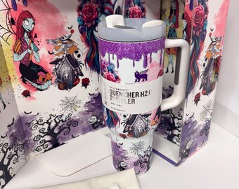 Nightmare Before Christmas Inspired Stanley Quencher H2.0 40oz Tumbler – Custom Glitter Design with Gift Box