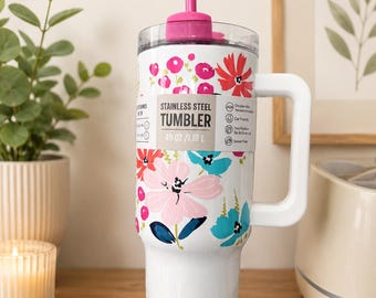 Floral Stainless Steel Tumbler 40oz With Handle & Straw Pink Flower Design Cup