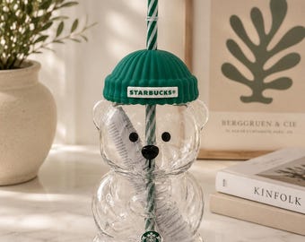 Starbucks Bear Shape Clear Tumbler Cup With Straw & Green Lid Reusable Cold Cup