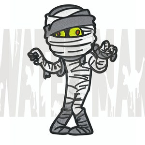 Op de afbeelding: Geborduurde cartoonmummie met witte verbanden, grijze accenten en gele ogen. De mummie staat in een looppositie met uitgestrekte armen. Het woord "WAKEMAN" staat op de achtergrond.