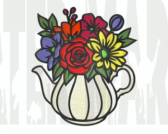 Diseño de bordado de tetera con flores: Patrón de máquina de té floral (descarga digital)