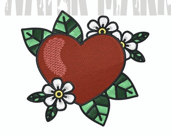 Tattoo Heart with Flowers Embroidery Design (Digital Download)