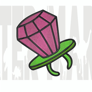 May include: A pink diamond-shaped lollipop with a green ring base. The lollipop is on a white background.
