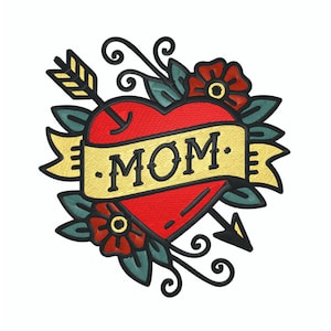 May include: A red heart with an arrow through it and a banner that says "MOM". The heart is surrounded by green leaves and red flowers.