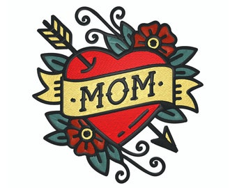 Diseño de bordado de corazón con tatuaje de mamá: parche floral (descarga digital)