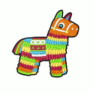 Może przedstawiać: Kolorowa piñata w kształcie osła z czarnym obramowaniem. Piñata jest ozdobiona frędzlami z czerwonego, pomarańczowego, żółtego, zielonego, niebieskiego i białego papieru.