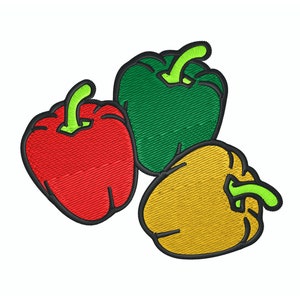 May include: Three bell peppers, one red, one green, and one yellow, are arranged in a cluster. The peppers are cartoon-like and have a stitched appearance.
