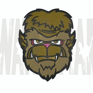 May include: Embroidered patch of a brown, furry monster with a menacing expression. The monster has sharp teeth, yellow eyes, and a pink nose.