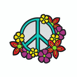 May include: A turquoise peace sign surrounded by a wreath of colorful flowers. The flowers are red, yellow, purple, and green.