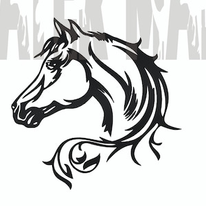 Può includere: Illustrazione stilizzata in bianco e nero di una testa di cavallo con un design floreale.