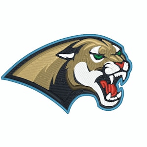 May include: A fierce-looking brown and black cougar with green eyes and a red mouth, in a blue and black outline, facing right.