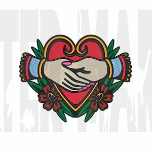May include: A red heart with two hands clasped around it, surrounded by green leaves and brown flowers. The hands are white with pink fingernails.