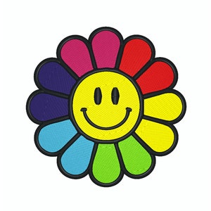 May include: An embroidered flower patch with a yellow smiley face in the centre. The flower has petals in shades of red, orange, yellow, green, blue, and purple.