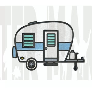 Könnte beinhalten: Ein weißer und blauer Vintage-Wohnwagen mit einer einzigen Tür und zwei Fenstern. Der Wohnwagen hat einen schwarzen Umriss und ein gelbes Licht am Heck.