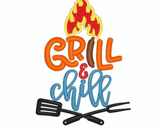 Grill and Chill Embroidery Design – BBQ Machine Embroidery (Digital Download)