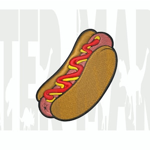 May include: A yellow and brown hot dog with red and yellow mustard and ketchup.