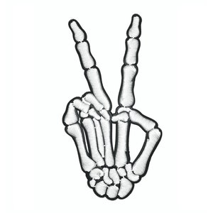 May include: White skeleton hand making the peace sign. The hand is embroidered in white thread on a black background.
