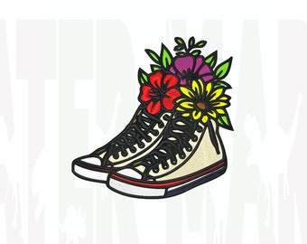 Diseño de bordado a máquina de zapatos y flores (descarga digital)