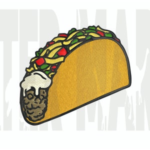 May include: A yellow and brown embroidered taco with green, red, and white fillings.