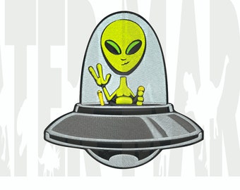 Diseño de bordado de extraterrestre y nave OVNI – Bordado a máquina (Descarga digital)