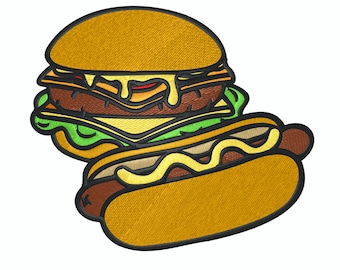 Diseño de bordado de perrito caliente y hamburguesa: Patrón de máquina de comida rápida (descarga digital)