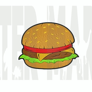 May include: A cartoon-style embroidered patch of a hamburger with a sesame seed bun, lettuce, tomato, cheese, and a beef patty.