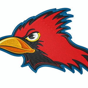 May include: Embroidered patch of a red cardinal bird with a black eye and beak. The bird's head is turned to the left and the beak is open. The patch is outlined in blue.