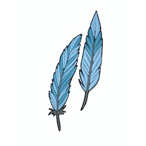 May include: Two blue feathers with a light blue and dark blue gradient. The feathers are arranged vertically, with the top feather slightly angled to the right.