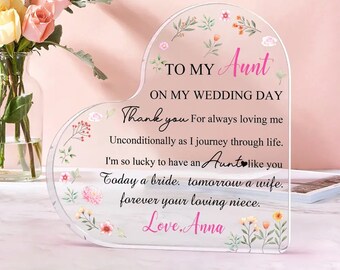 Placa acrílica personalizada con forma de corazón de tía de la novia, regalo de boda personalizado para tía de la novia