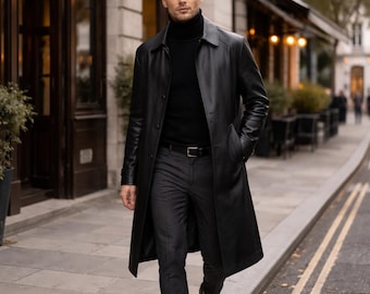 Herrtrenchcoat i läder | Lång svart läderkappa | Handgjord läderöverrock | Minimalistisk läderkappa