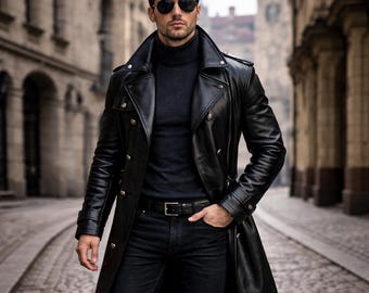 Herrtrenchcoat i läder | Lång svart läderkappa | Handgjord läderöverrock | Minimalistisk läderkappa