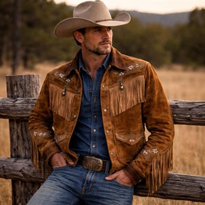 Puede incluir: Chaqueta de ante marrón con flecos y bordados florales. La chaqueta se lleva con una camisa vaquera, vaqueros azules y un sombrero de vaquero. Se ve una hebilla de cinturón decorativa.