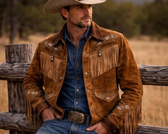 Chaqueta vaquera de ante con flecos para hombre / Chaqueta de cuero estilo western vintage / Chaqueta ranchera bordada a mano / Abrigo motero bohemio