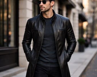 Svart lång läderkappa för män – Granded Neck Trench-modell | Vinteröverrock i äkta läder för män