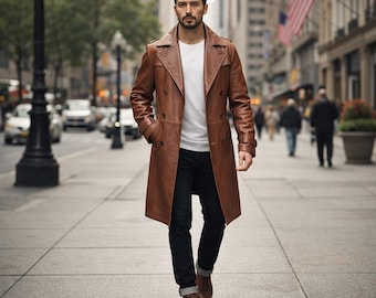 Herrtrenchcoat i läder | Lång brun läderkappa | Handgjord läderöverrock | Minimalistisk läderkappa