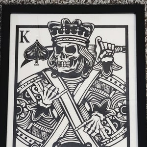 Skull King of Spades Playing Card Art - Poker Gambling Decor - Framed - Skeleton crossbones - Casino Wall Art - Black and white