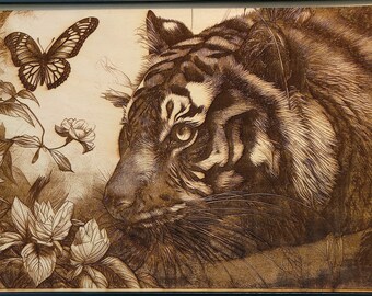 Laser Engraved Tiger Wood Artwork, Framed Floral Animal Art
