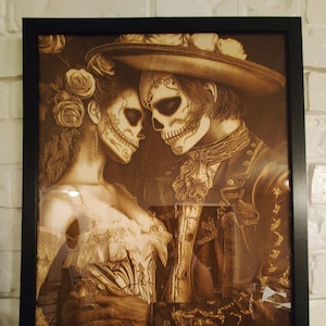 Arte grabado en madera del Día de los Muertos - Enmarcado en vidrio - Estilo Charro Chicano Mexicano