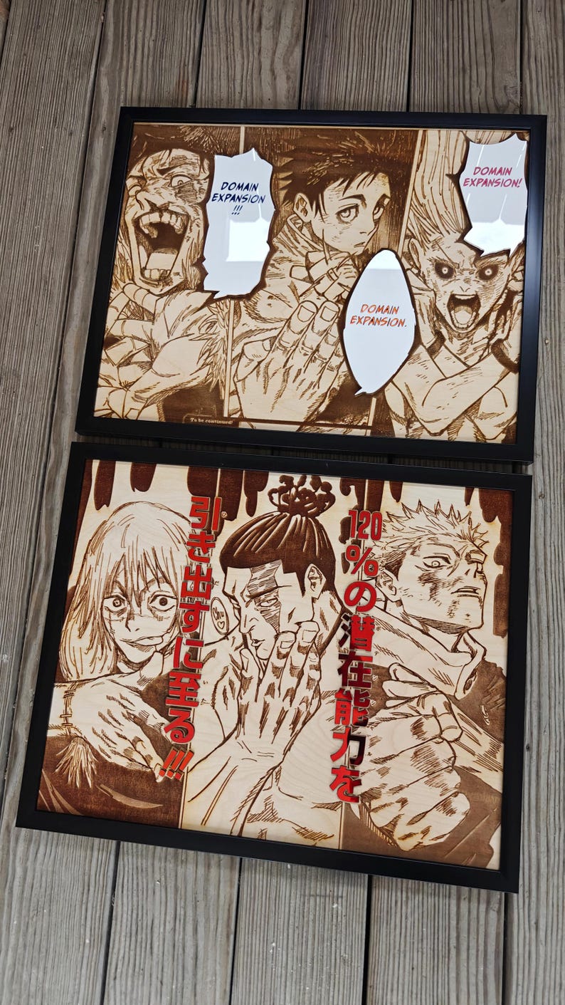May include: Two framed wood-burned panels featuring manga artwork. The top panel shows characters with speech bubbles saying "DOMAIN EXPANSION!!!". The bottom panel displays characters with Japanese text. The frames are black.