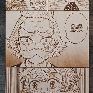 May include: Wooden artwork featuring panels from a manga. The panels depict characters with detailed line art, showcasing emotional expressions. Text includes "ZENITSU" and "YOU ARE MY PRIDE AND JOY." The artwork is on a light brown wooden surface.